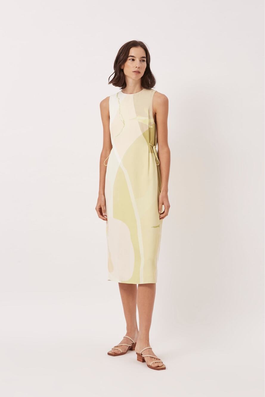 Our Second Nature A Place to Pleat Midi Dress M Abstract Tie Watercolor Print
